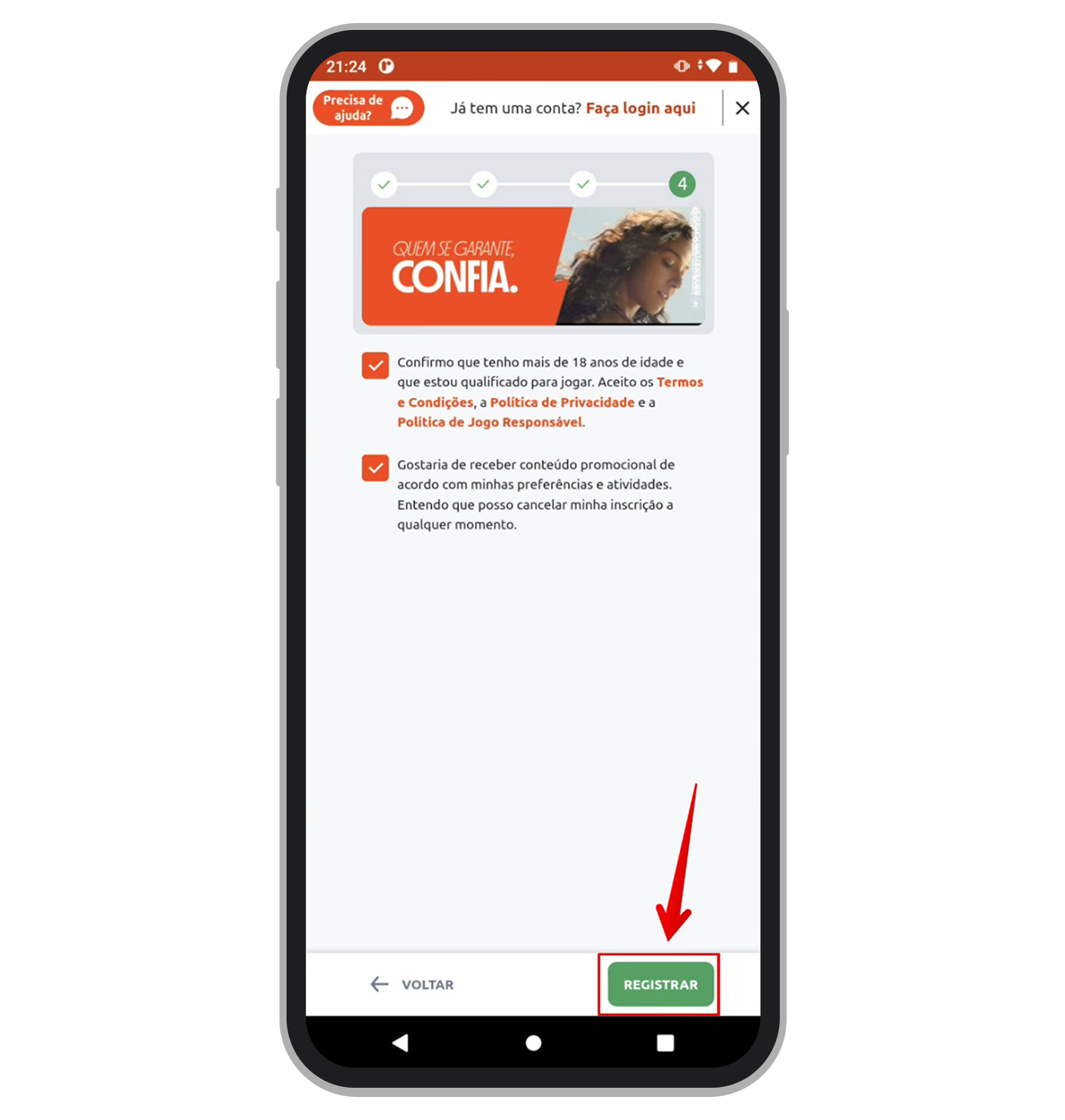 Aceite os termos e condições e clique em  "Registrar"