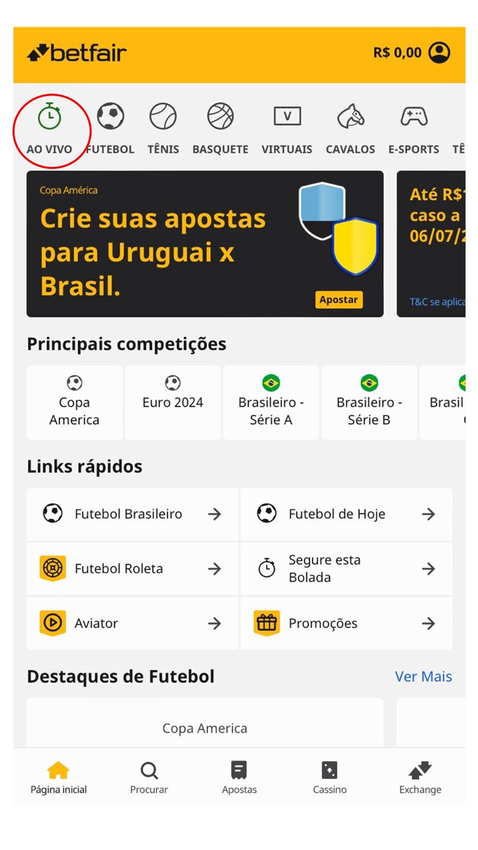 Opções ao vivo na versão mobile Betfair