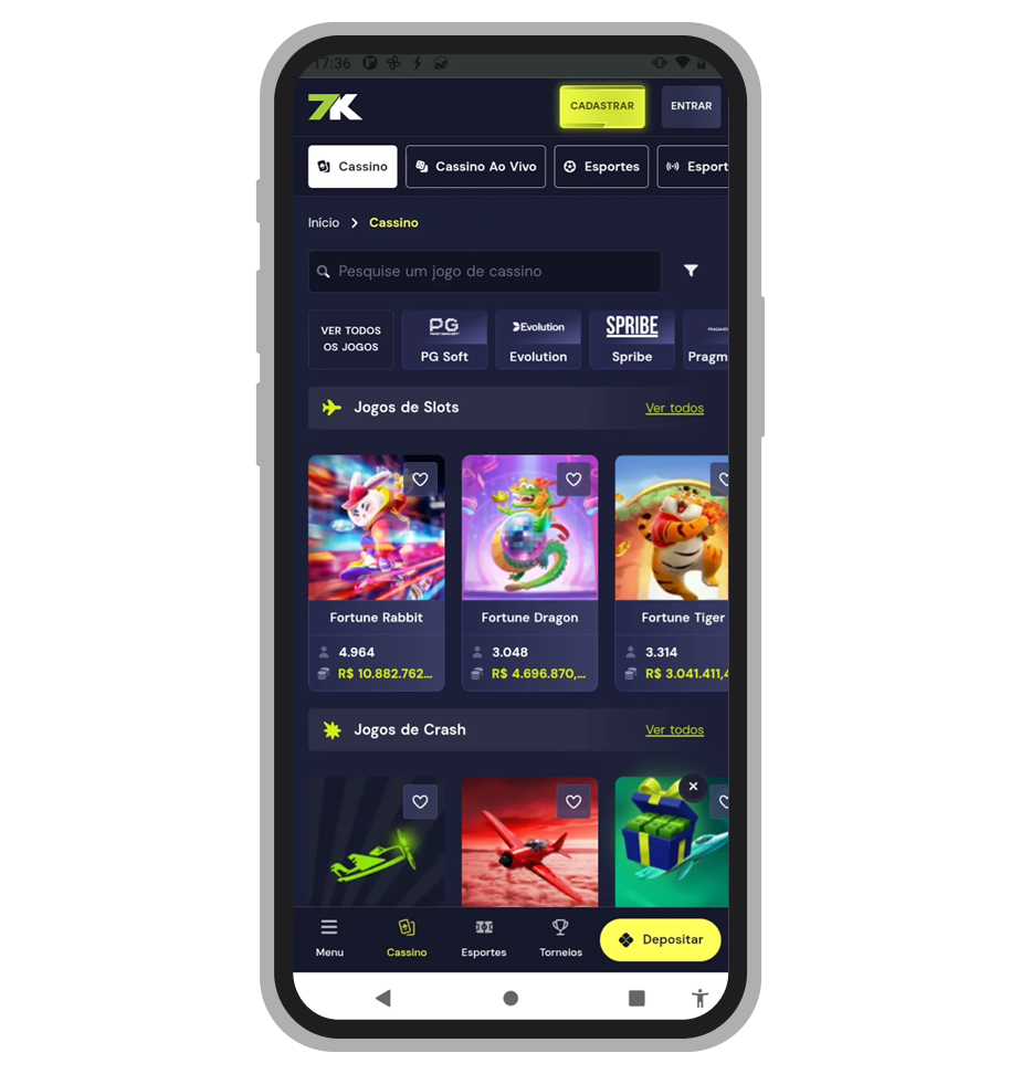 Seção de cassino no app 7K.bet com torneios diários e cashback em slots: 