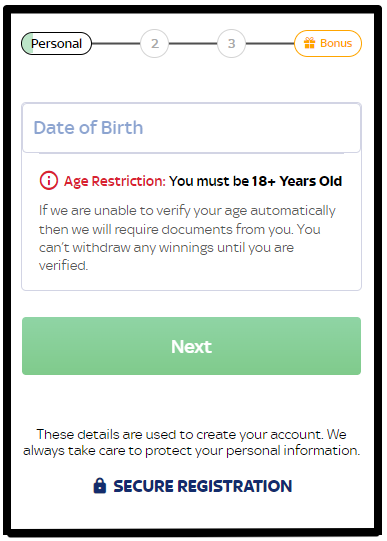 Registration: entering your date of birth