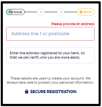 Registration: entering address and postcode