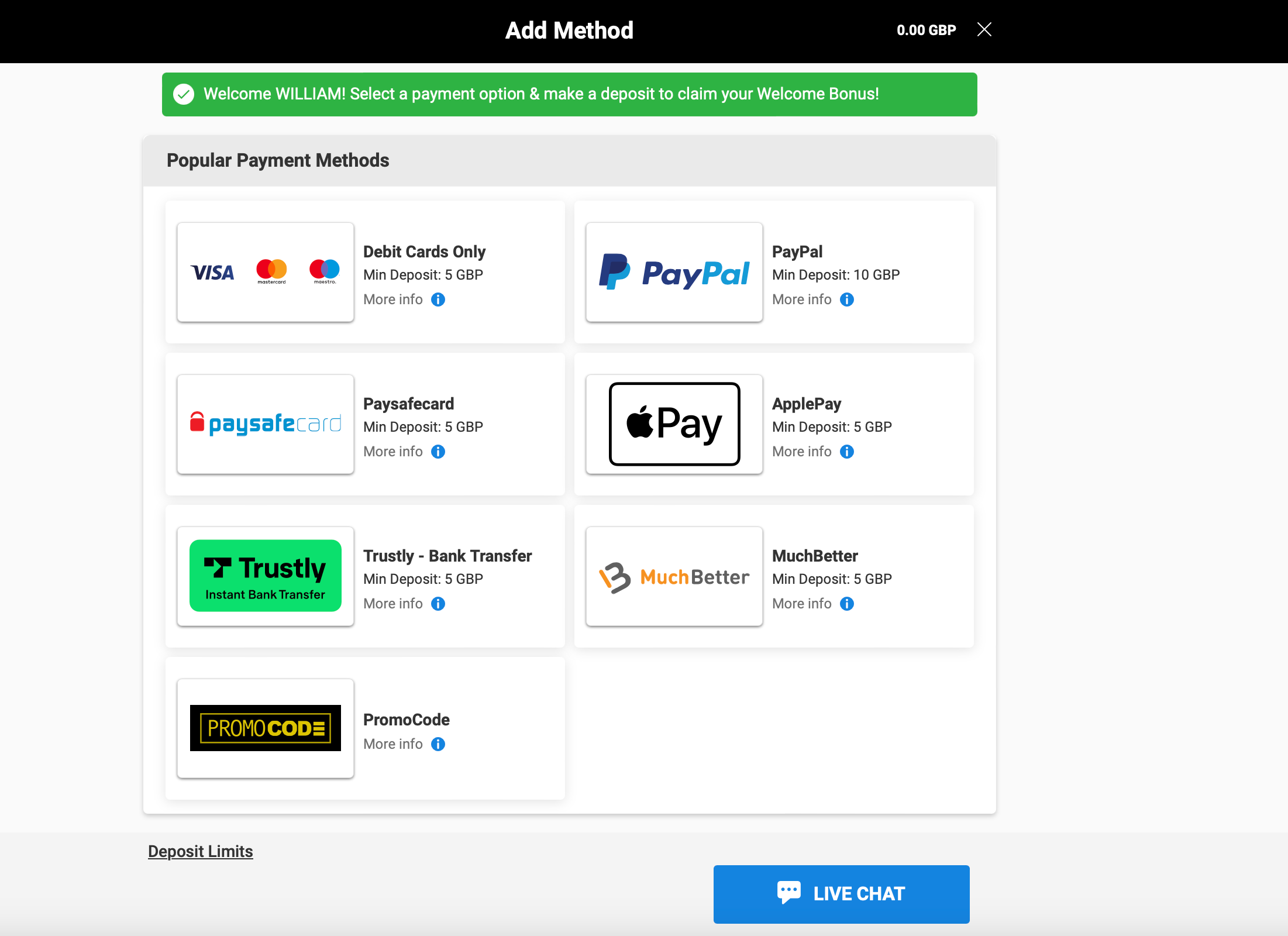 Select the deposit method