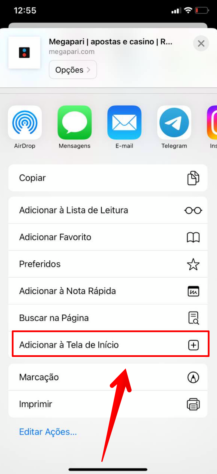  Selecione “Adicionar à tela inicial”