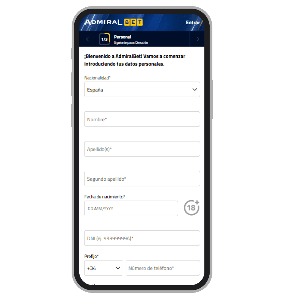 Admiralbet formulario de registro