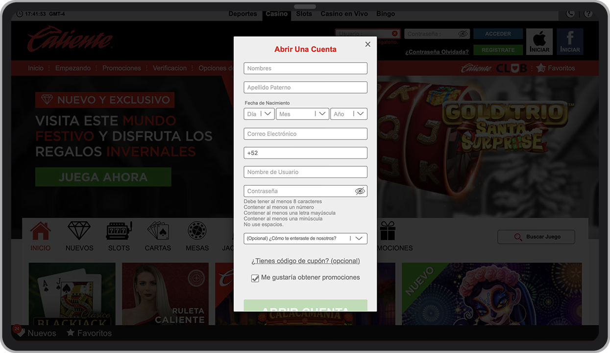 Ventana de registro de Caliente