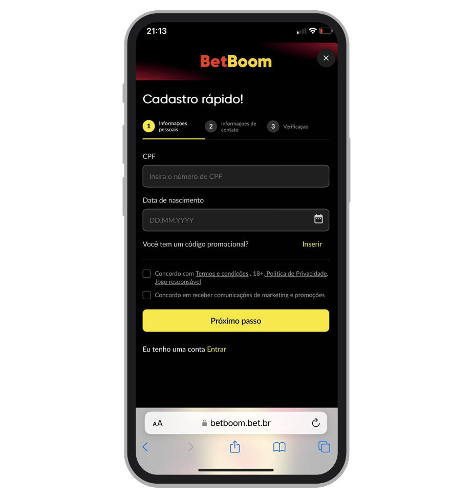 Tela de cadastro na BetBoom