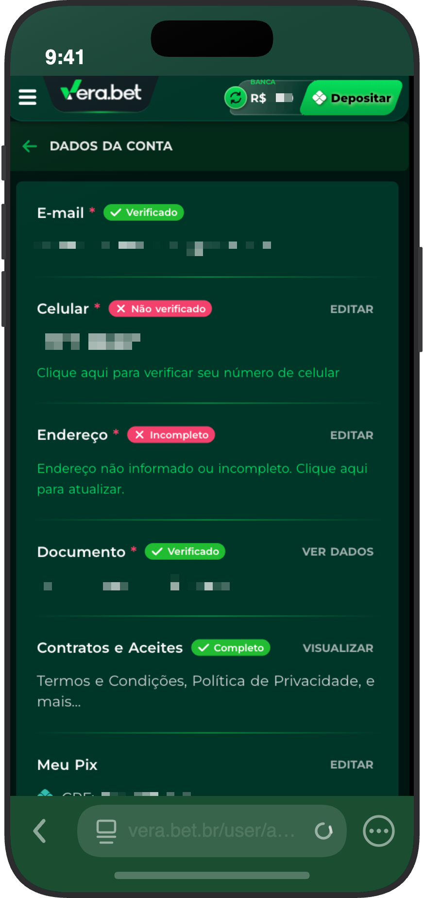 Tela de verificação de conta da Vera.bet com status de e-mail, celular, endereço, documento e Pix cadastrado