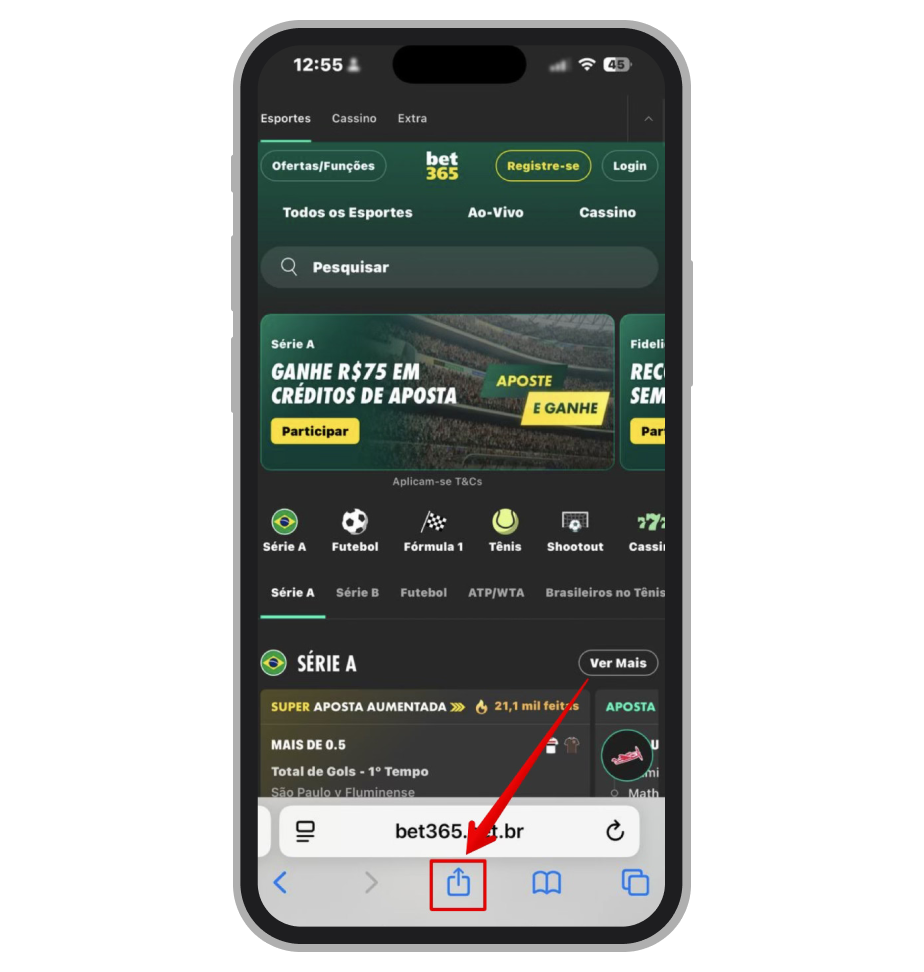 Clique no botão de Compartilhamento no Safari