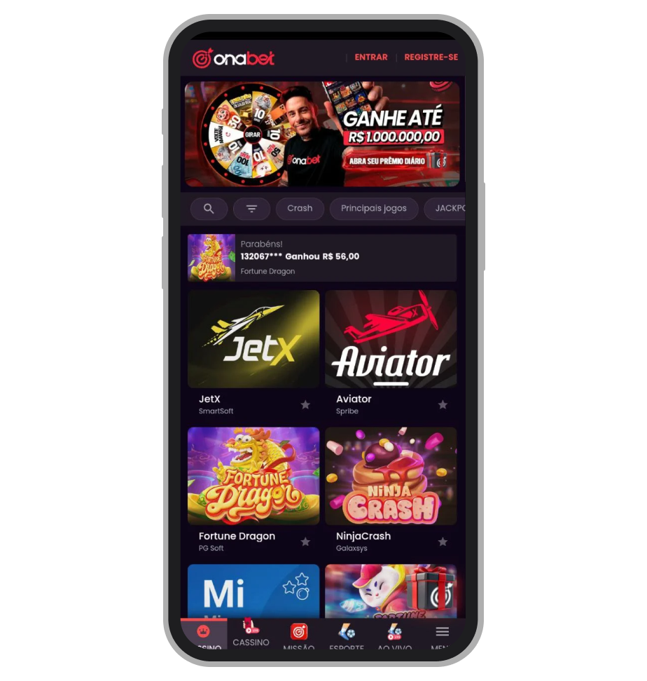 Tela inicial do app Onabet no celular