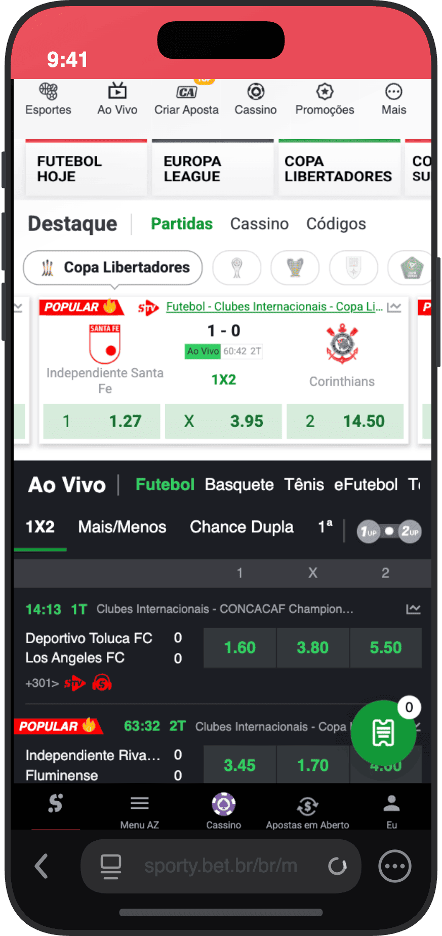 Tela principal da SportyBet