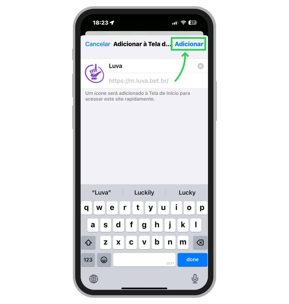 Confirme o nome do atalho e finalize o processo para instalar o ícone no iOS