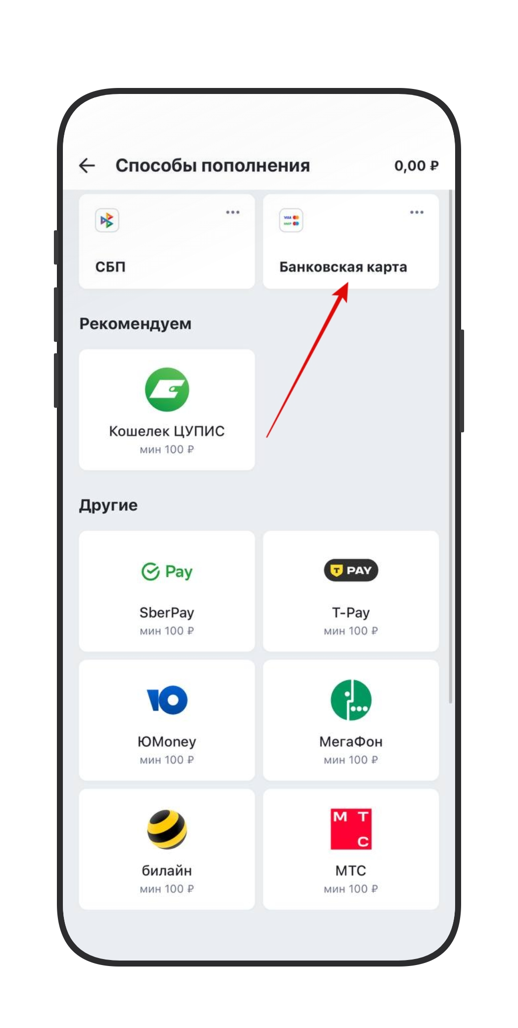 Пополнение с банковской карты