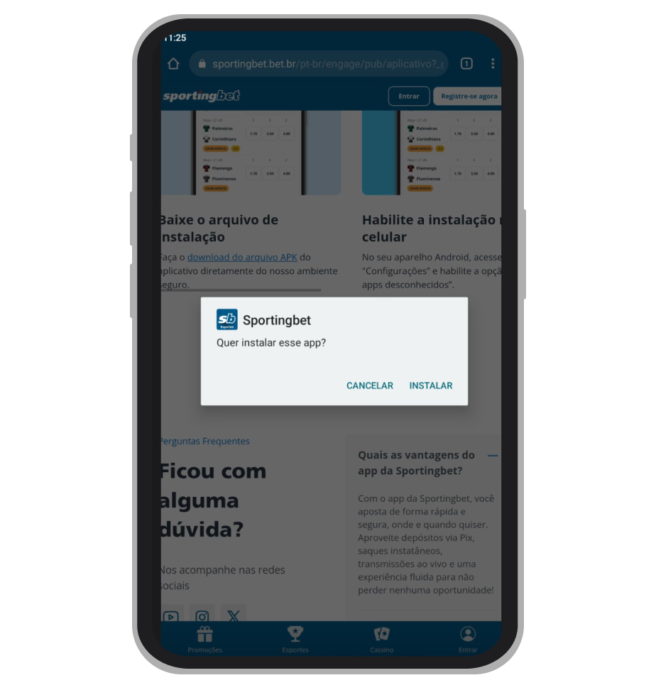 Instalação do aplicativo Android da Sportingbet