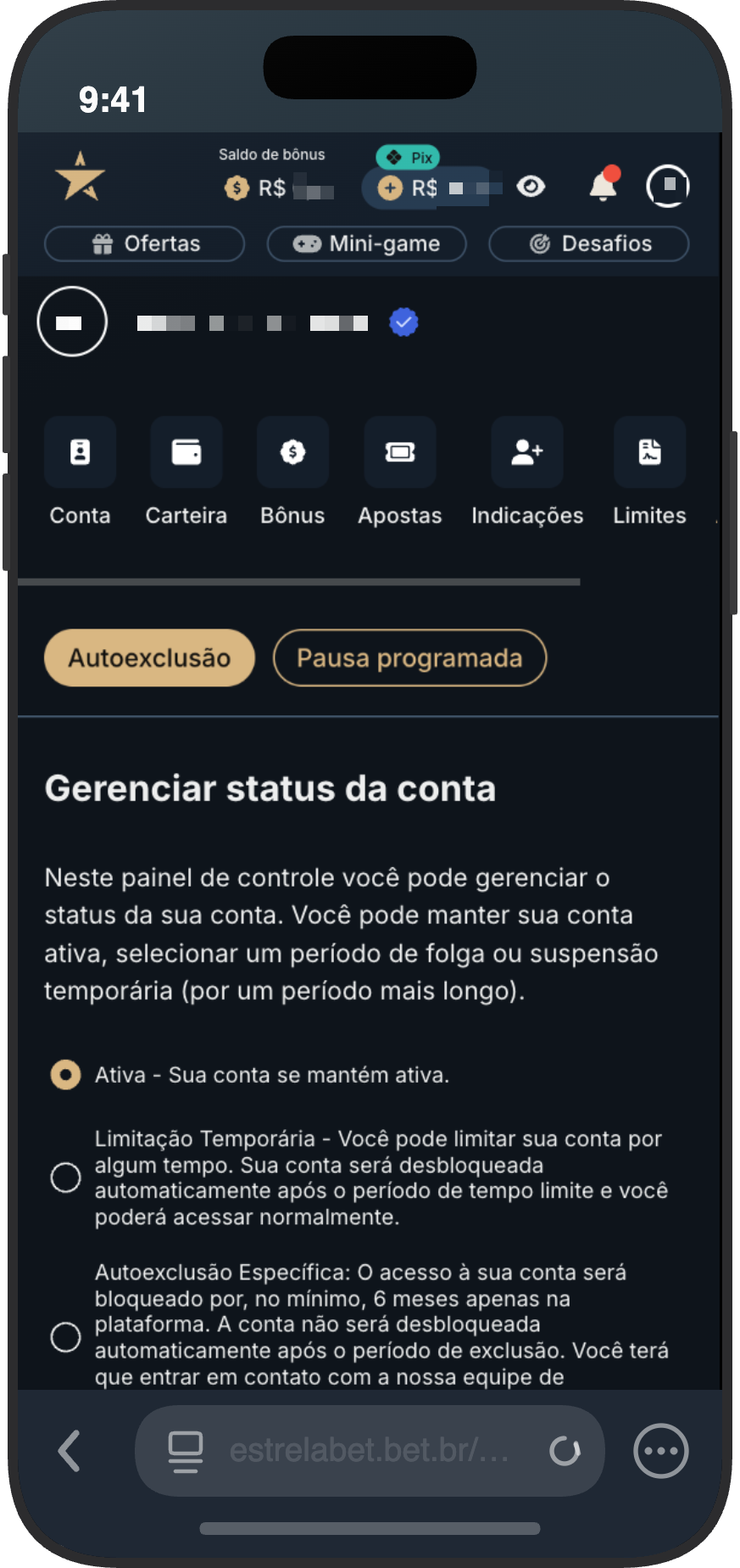 Painel "Minha Conta" da EstrelaBet com opções de autoexclusão e limites