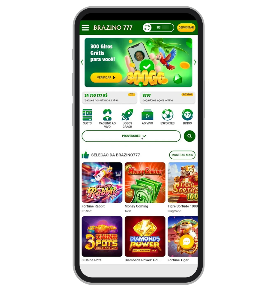 A tela inicial do Brazino777 app