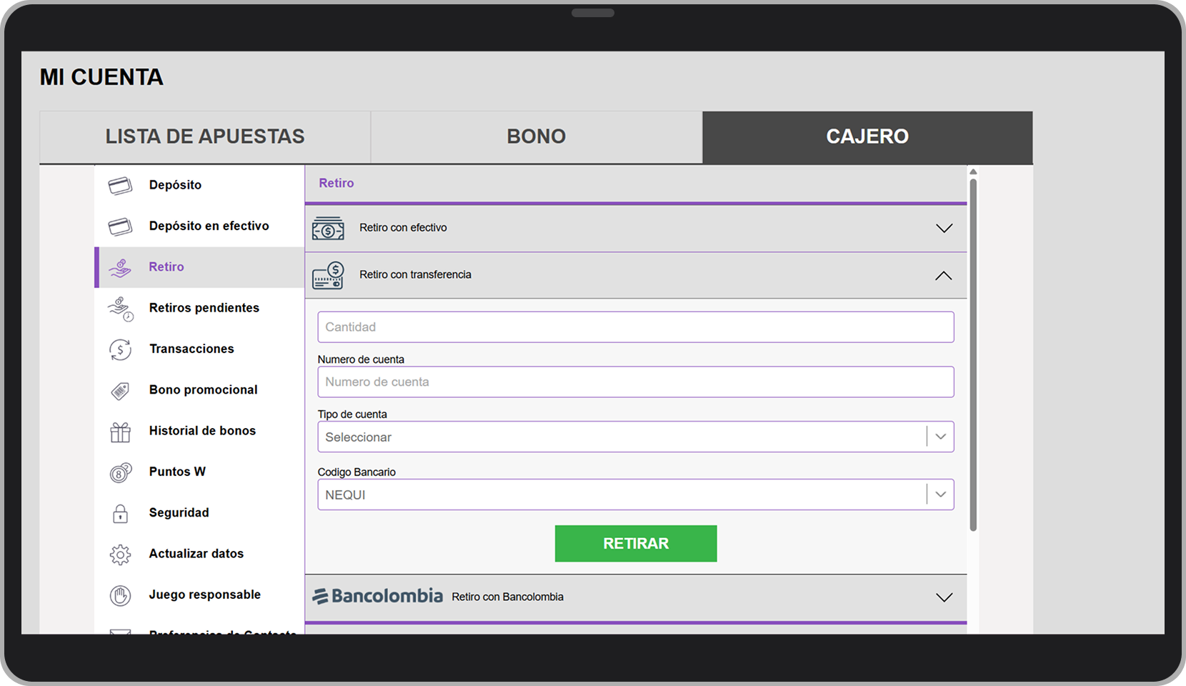 Retirar en Wplay por transferencia PC