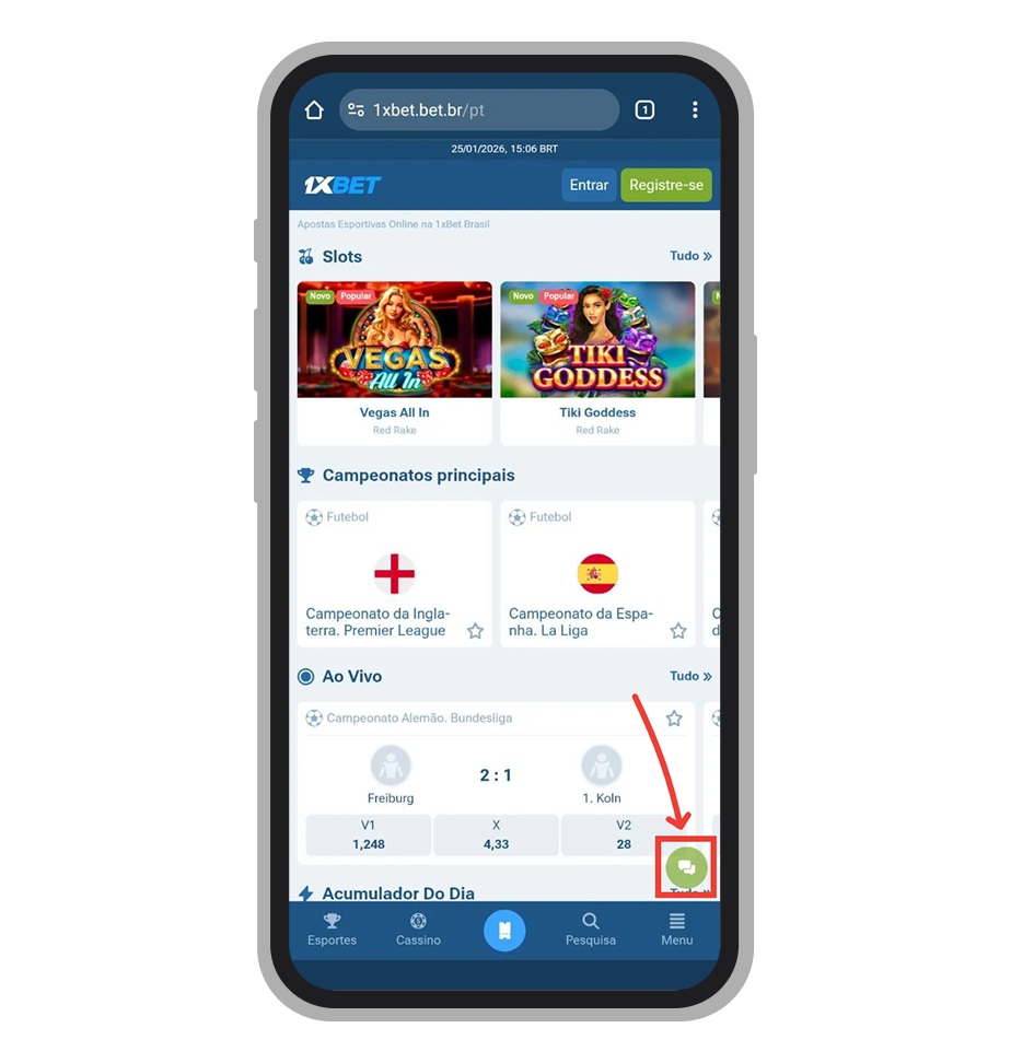 Acesse a chat ao vivo da 1xBet, botão está disponível em cada tela do app 