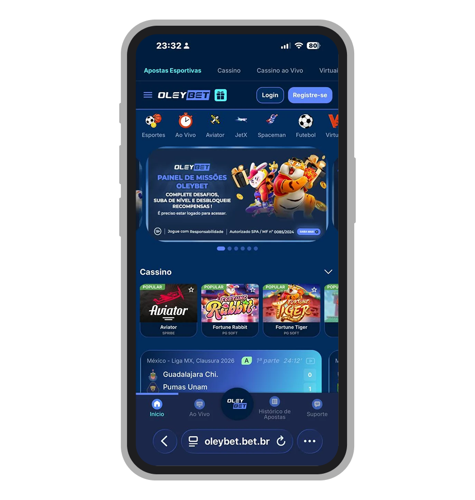 Página inicial do site OleyBet com menu de esportes, lista de jogos ao vivo e cupom de apostas