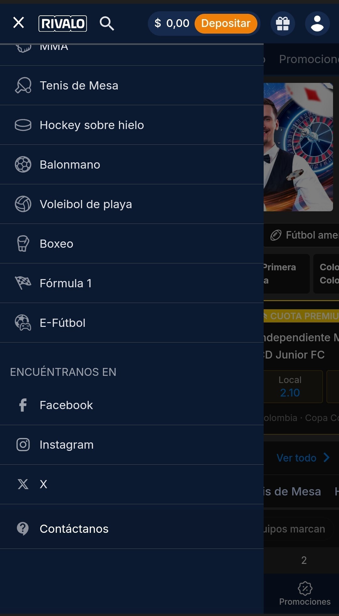 Acceso a la sección “Contáctanos” Rivalo
