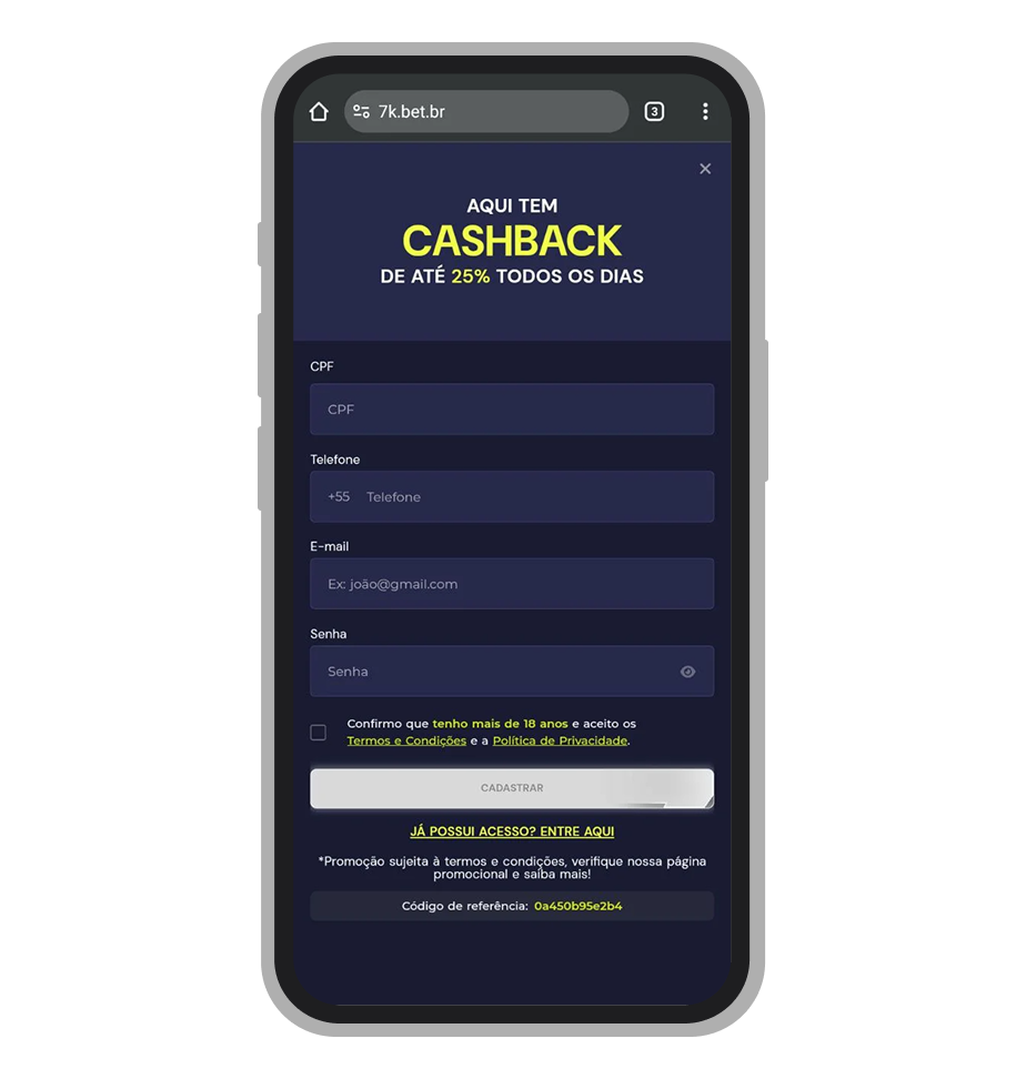 O formulário de registro, onde são inseridos o CPF e os dados do cliente