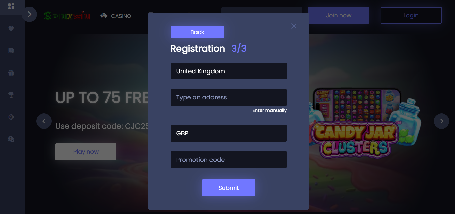 Create an account with Spinzwin UK