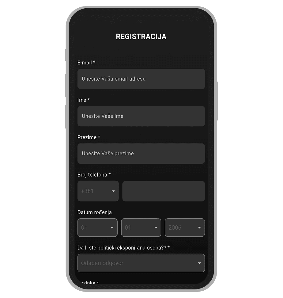 Stranica za registraciju WinnerBet