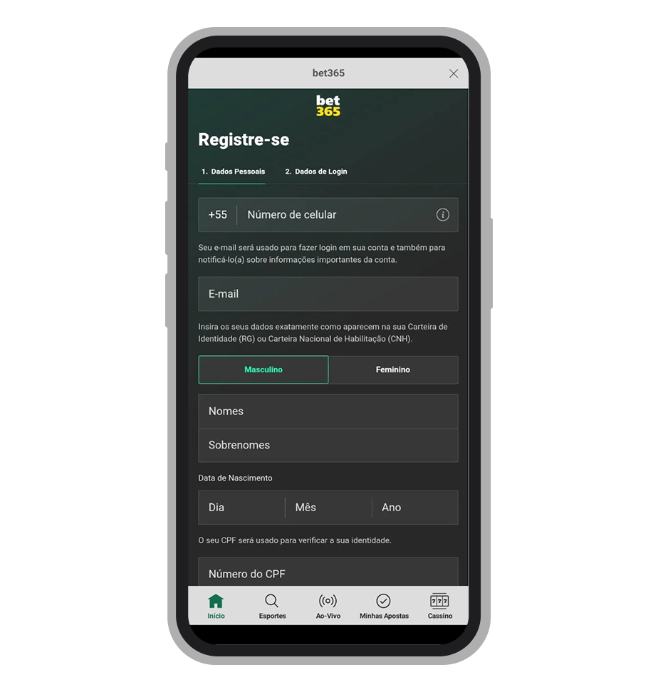 Tela de cadastro da Bet365 no celular com registro via CPF no Brasil