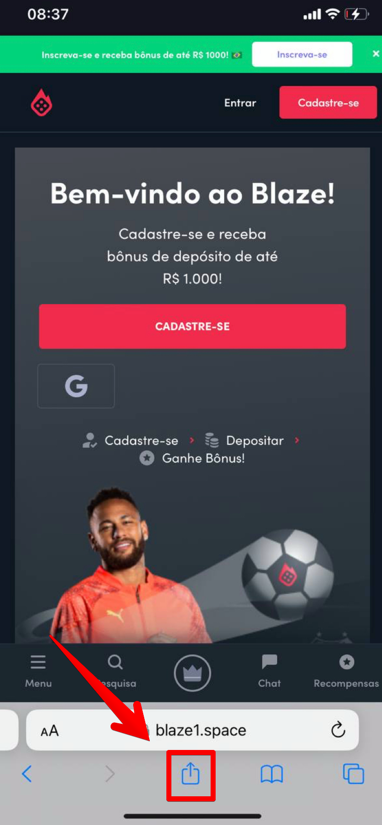 Toque no botão de compartilhamento no Safari