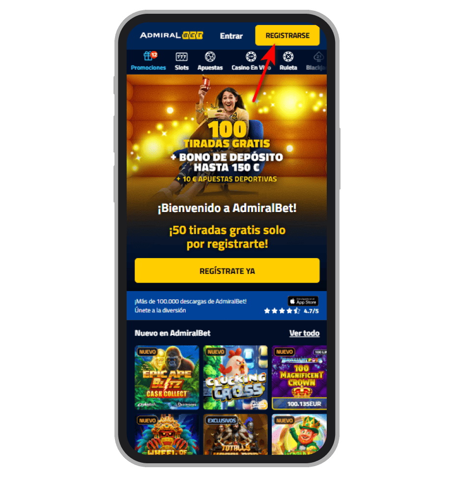 El botón de registro en Admiralbet