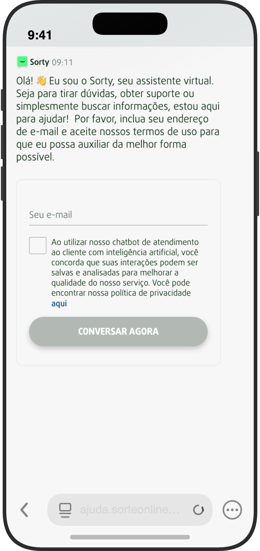 Chat de suporte da Sorte Online com assistente virtual Sorty via chatbot com campo de e-mail e aceite de termos de uso