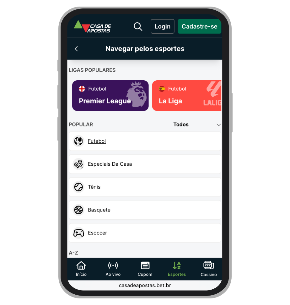 Tela de seleção de esporte e campeonato