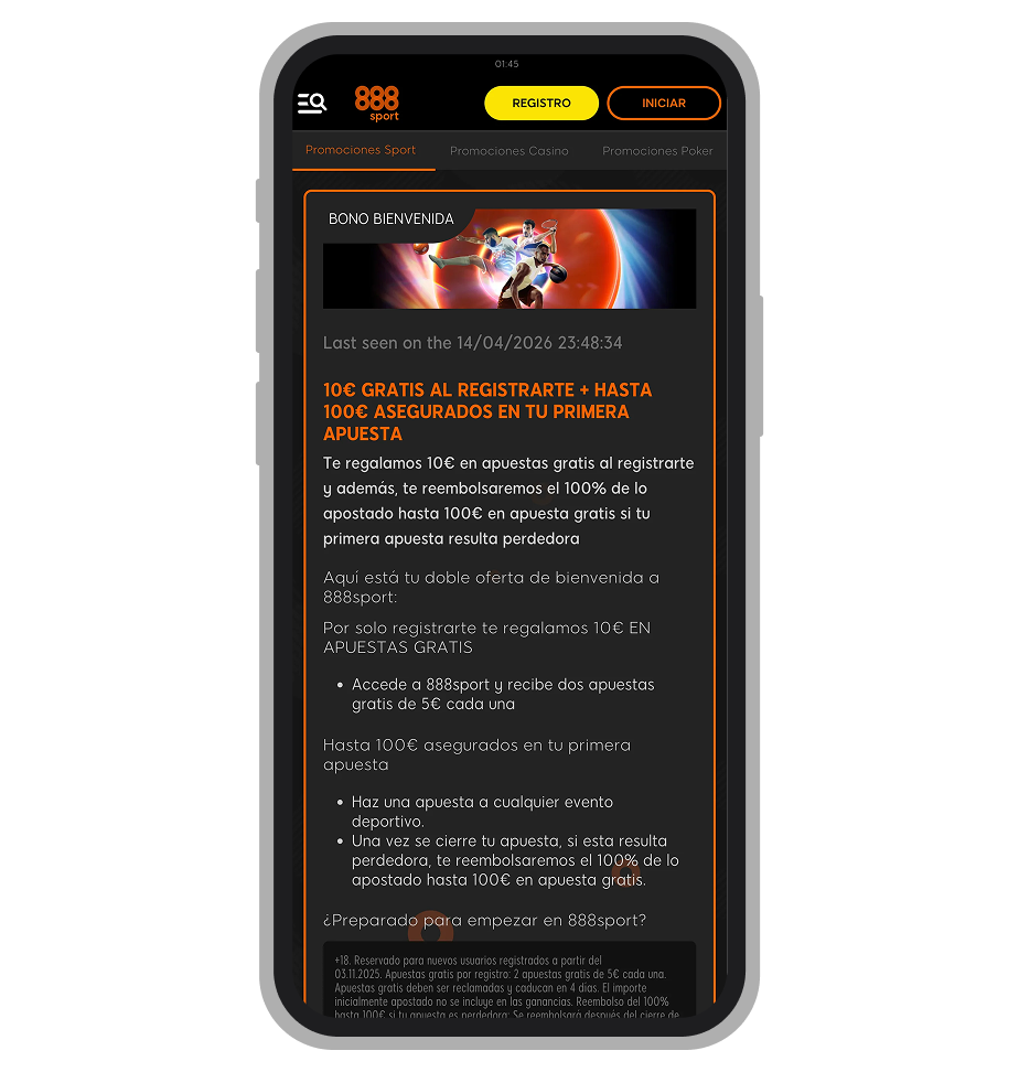 Pantalla del bono de bienvenida de 888Sport con los 10€ gratis al registrarse disponibles en abril de 2026
