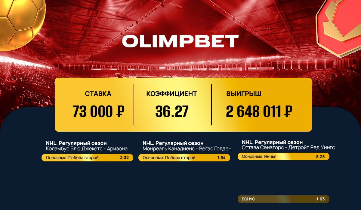 Экспресс на матчи НХЛ принес клиенту Olimpbet 2,6 миллиона рублей