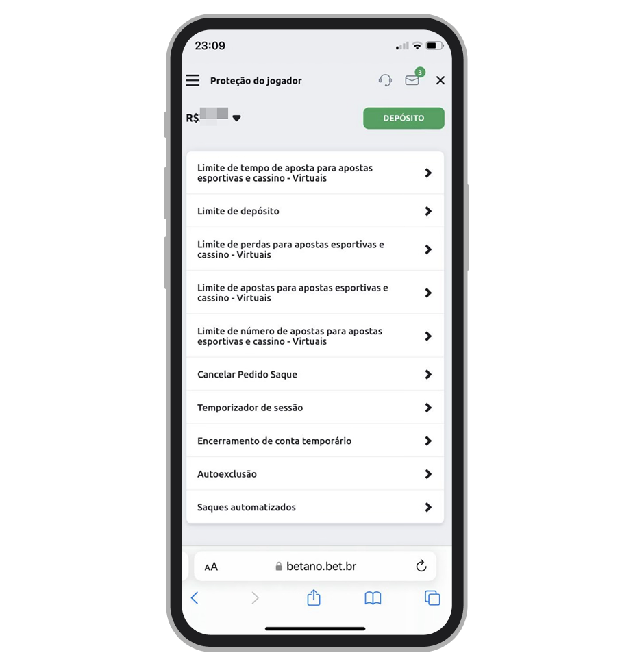 A seção Proteção do Jogador no site mobile 