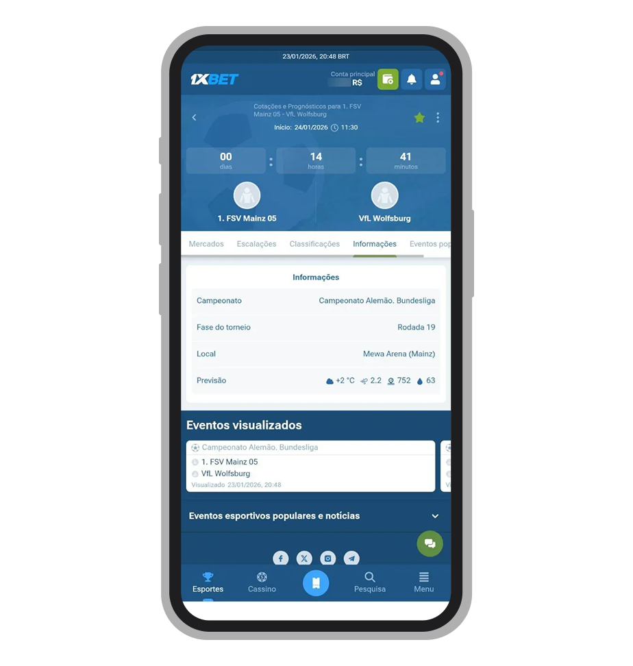 Informações detalhadas do evento no app 1xBet com previsão do tempo e dados do jogo