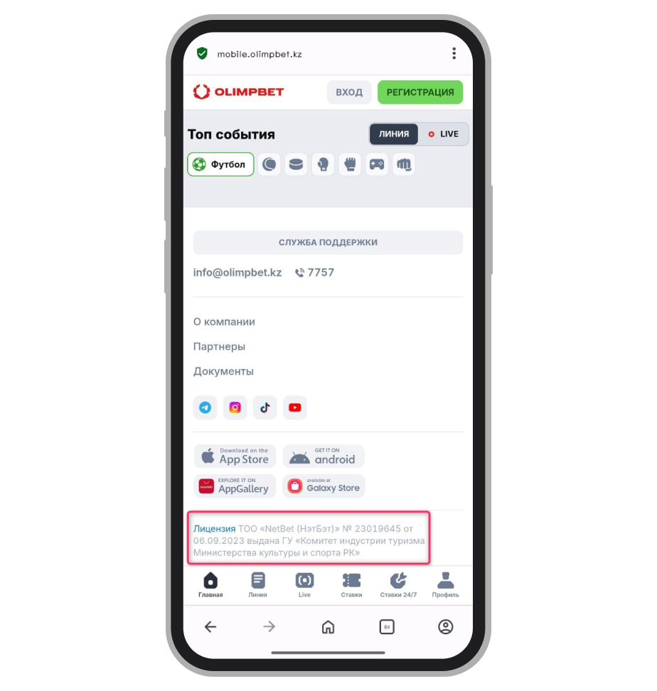 Информация о лицензии на сайте Olimpbet