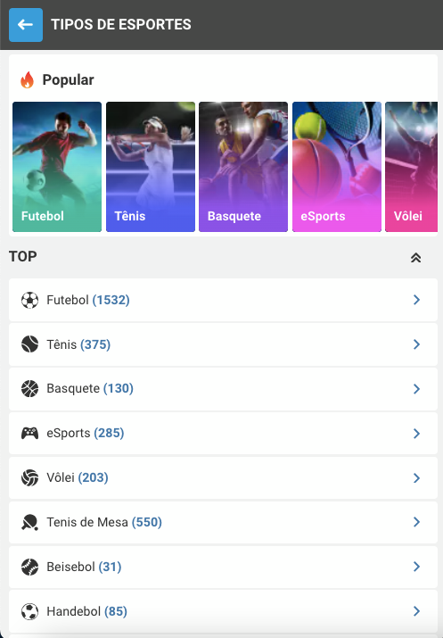 Esportes disponíveis na Megapari