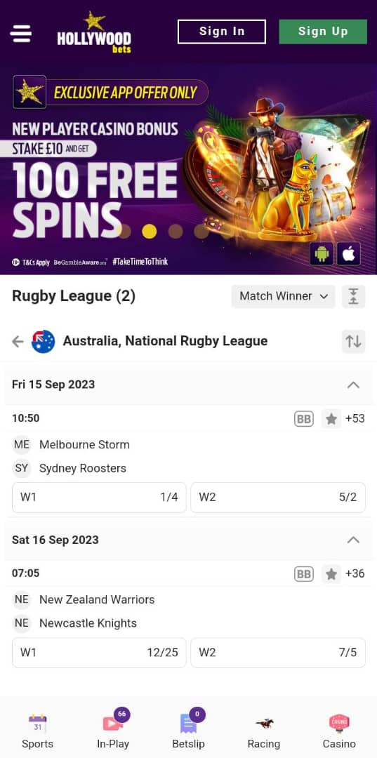 Hollywoodbets betting app screenshot