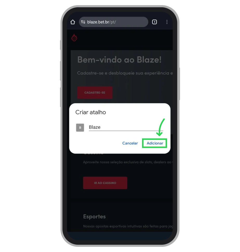 Janela de confirmação "Criar atalho" para instalar o ícone da Blaze na tela inicial do smartphone