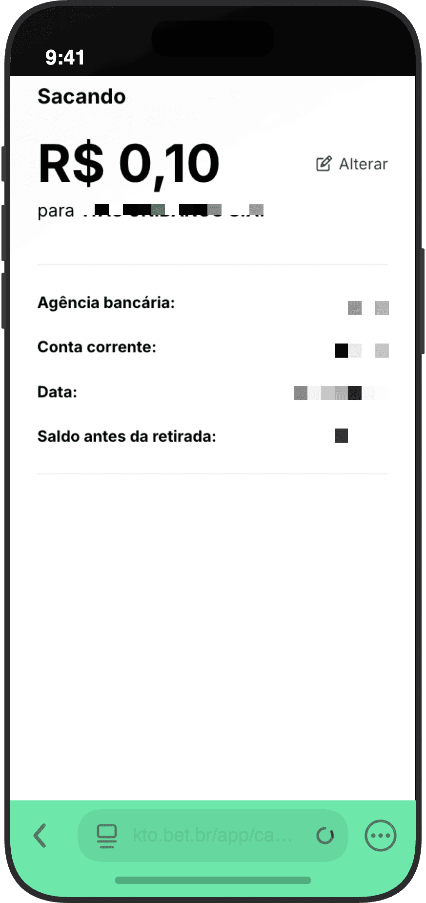 Confirmação de saque de R$ 0,1 no KTO com dados bancários e saldo antes da retirada