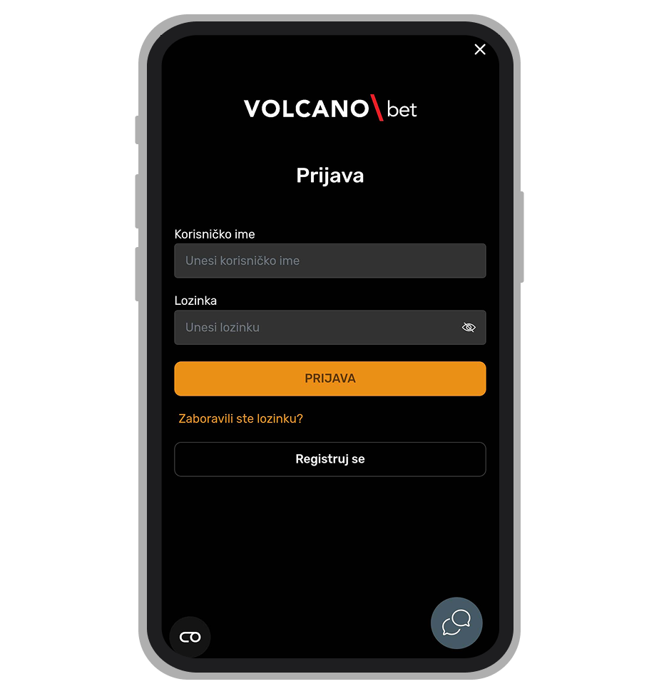 Volcano Bet ekran za prijavu na korisnički nalog