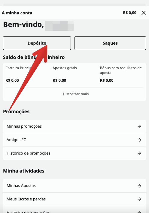 Selecione ‘Depósito’ no menu