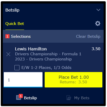 Enter the stake amount on the betslip and confirm your F1 bet.