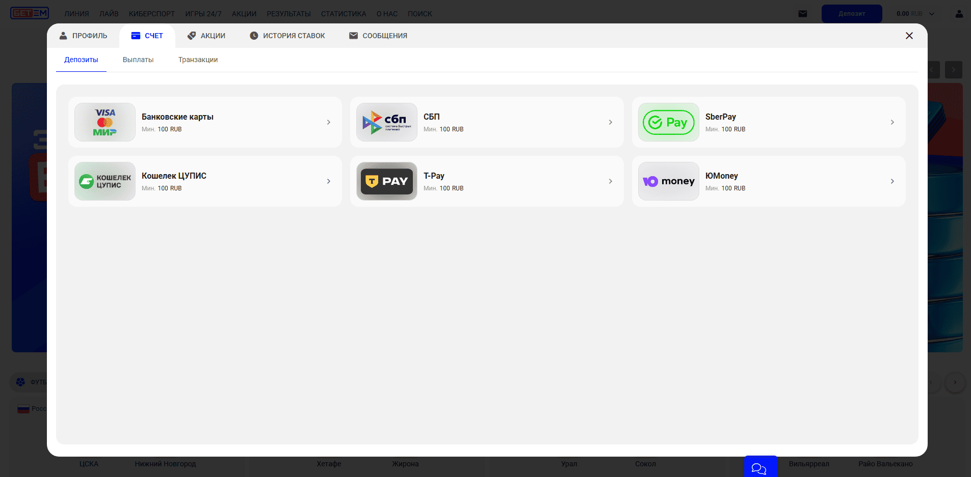 Вкладка доступных платежных систем через компьютер