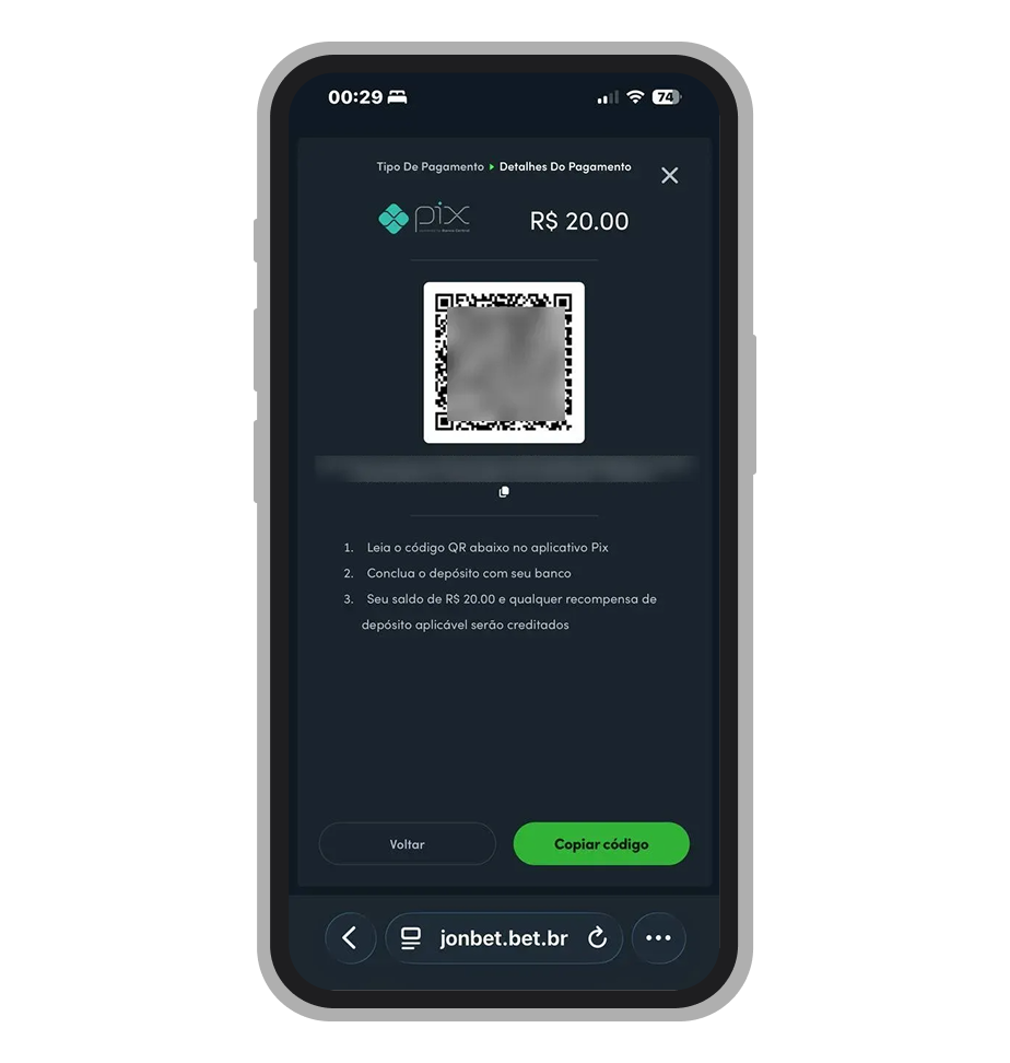 QR Code Pix gerado pela Jonbet para depósito com código Copia e Cola