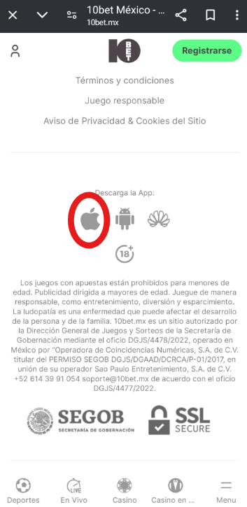 App para iOS disponible en la página de 10Bet