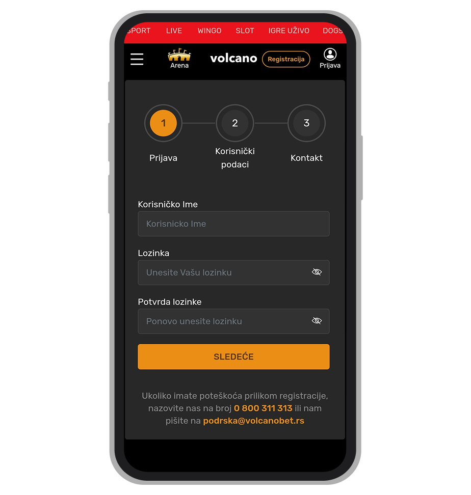 Volcanobet podaci za registraciju
