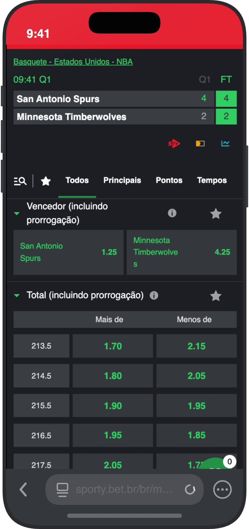 Página de evento NBA na SportyBet com mercados de vencedor