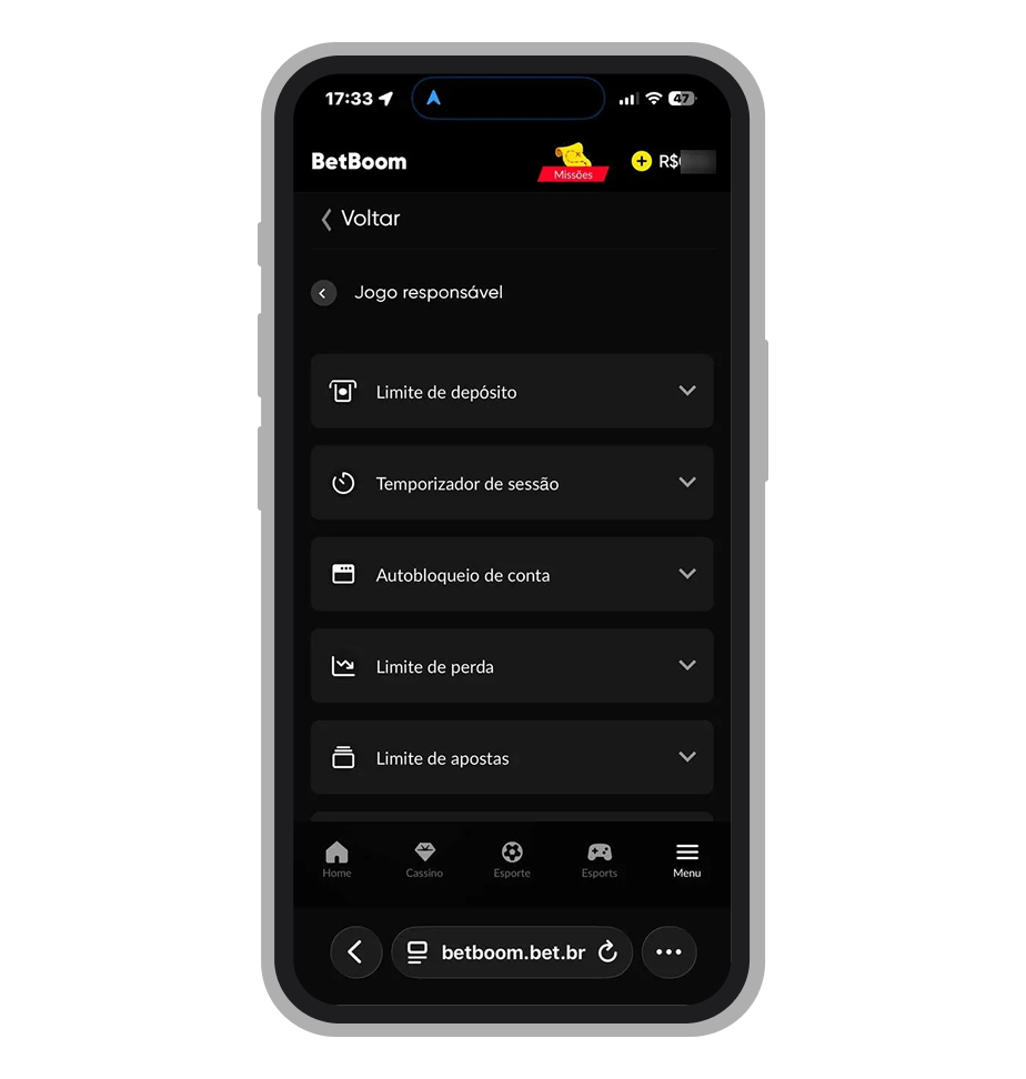 Ferramentas de jogo responsável da BetBoom: limites de depósito, perda e temporizador de sessão