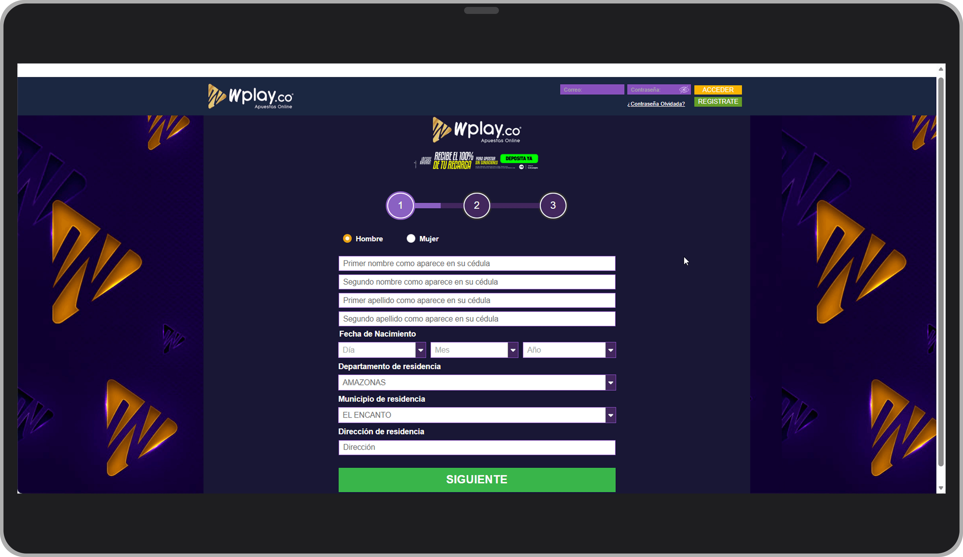 Wplay. Formulario de registro